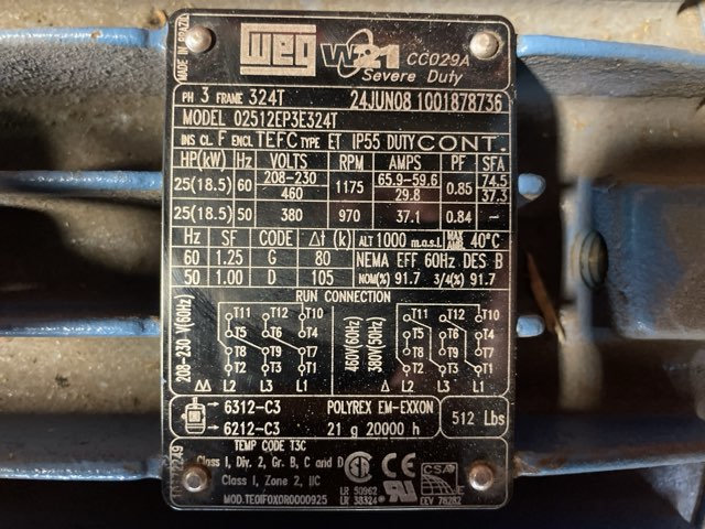 WEG 25 HP 1200 RPM 324T Squirrel Cage Motors 92018