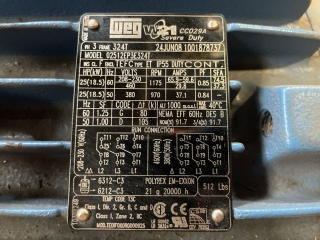 WEG 25 HP 1200 RPM 324T Squirrel Cage Motors 92019