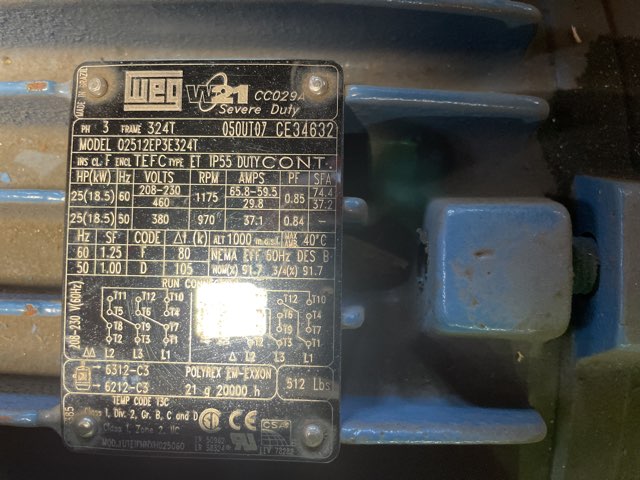 WEG 25 HP 1200 RPM 324T Squirrel Cage Motors 92022