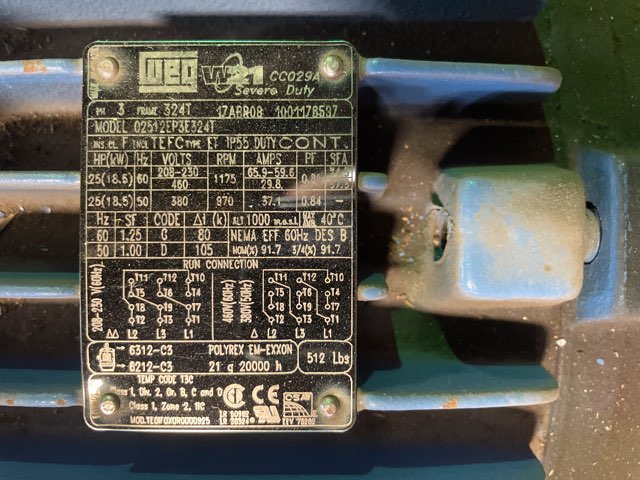 WEG 25 HP 1200 RPM 324T Squirrel Cage Motors 92024