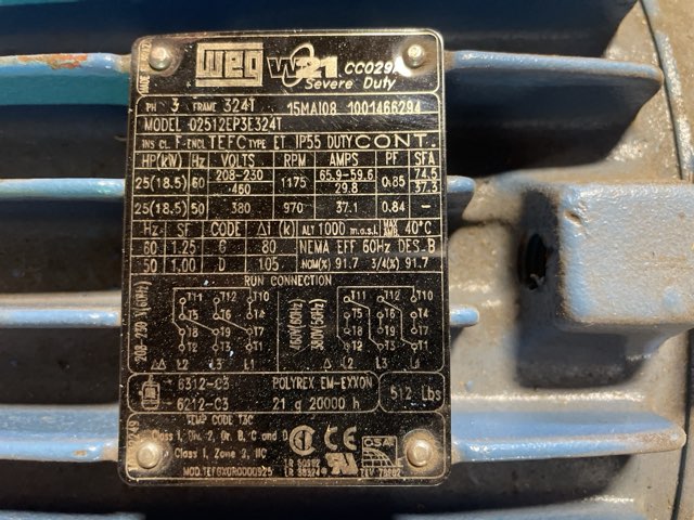WEG 25 HP 1200 RPM 324T Squirrel Cage Motors 92025
