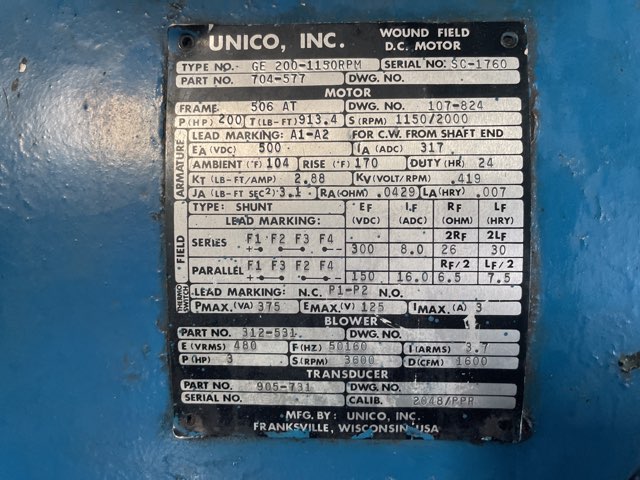 General Electric 200 HP 1150/2000 RPM 506AT DC Motors 92033