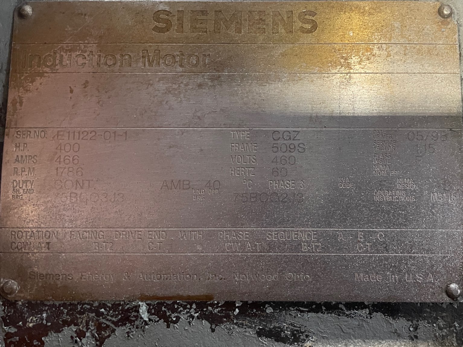 Siemens 400 HP 1800 RPM 509S Squirrel Cage Motors 92035
