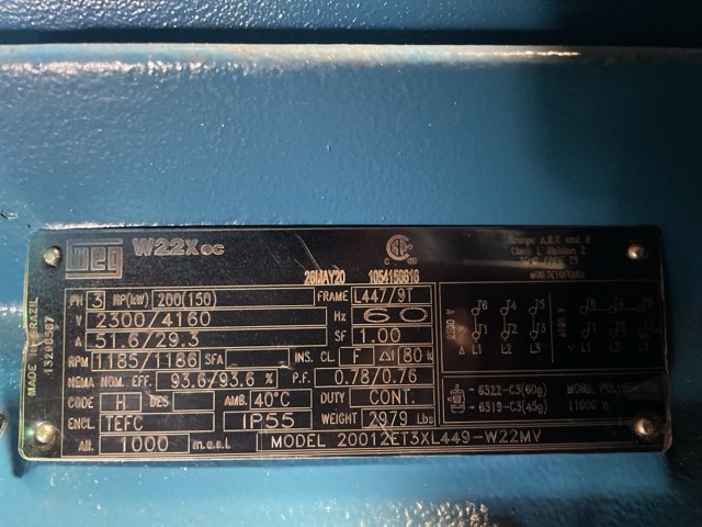 WEG 200 HP 1200 RPM 447/9T Squirrel Cage Motors 92036