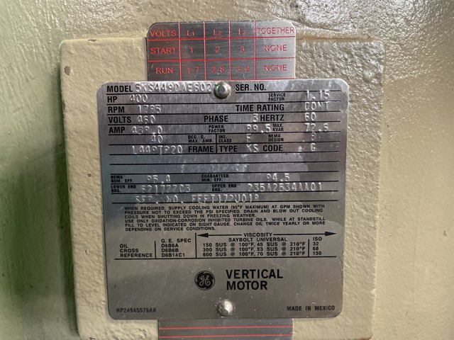 General Electric 400 HP 1785 RPM 449TP20 Vertical Motors 92050