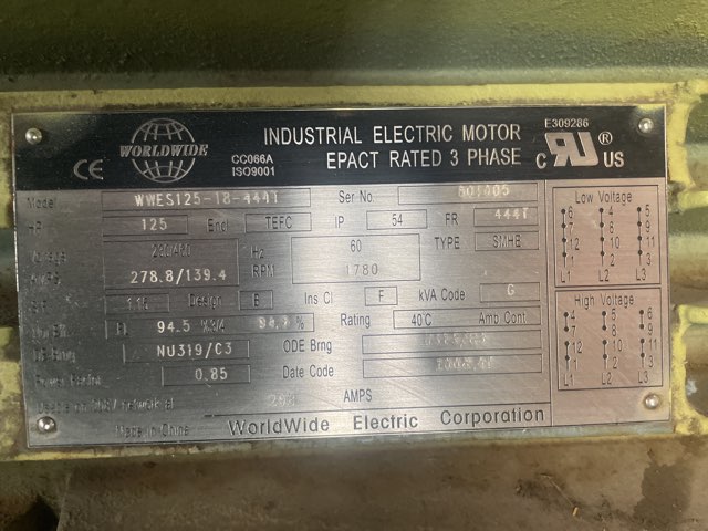 Worldwide 125 HP 1800 RPM 444T Squirrel Cage Motors 92053