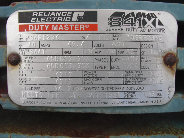 Reliance 40 HP 1200 RPM 364T Squirrel Cage Motors H0051