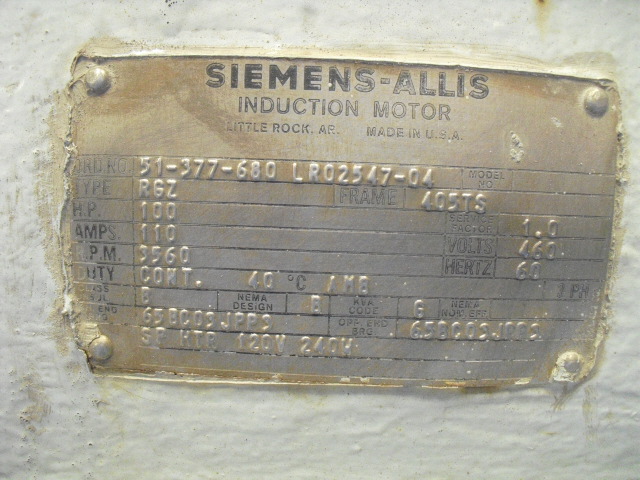 Siemens-Allis 100 HP 3600 RPM 405TS Squirrel Cage Motors H0136