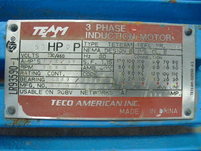 Teco 50 HP 3600 RPM 326TS Squirrel Cage Motors H0159