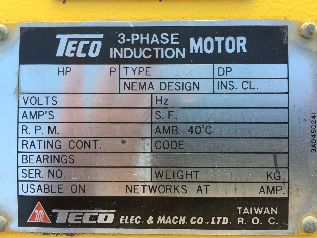 Teco 450 HP 1200 RPM 5808B Squirrel Cage Motors H0282