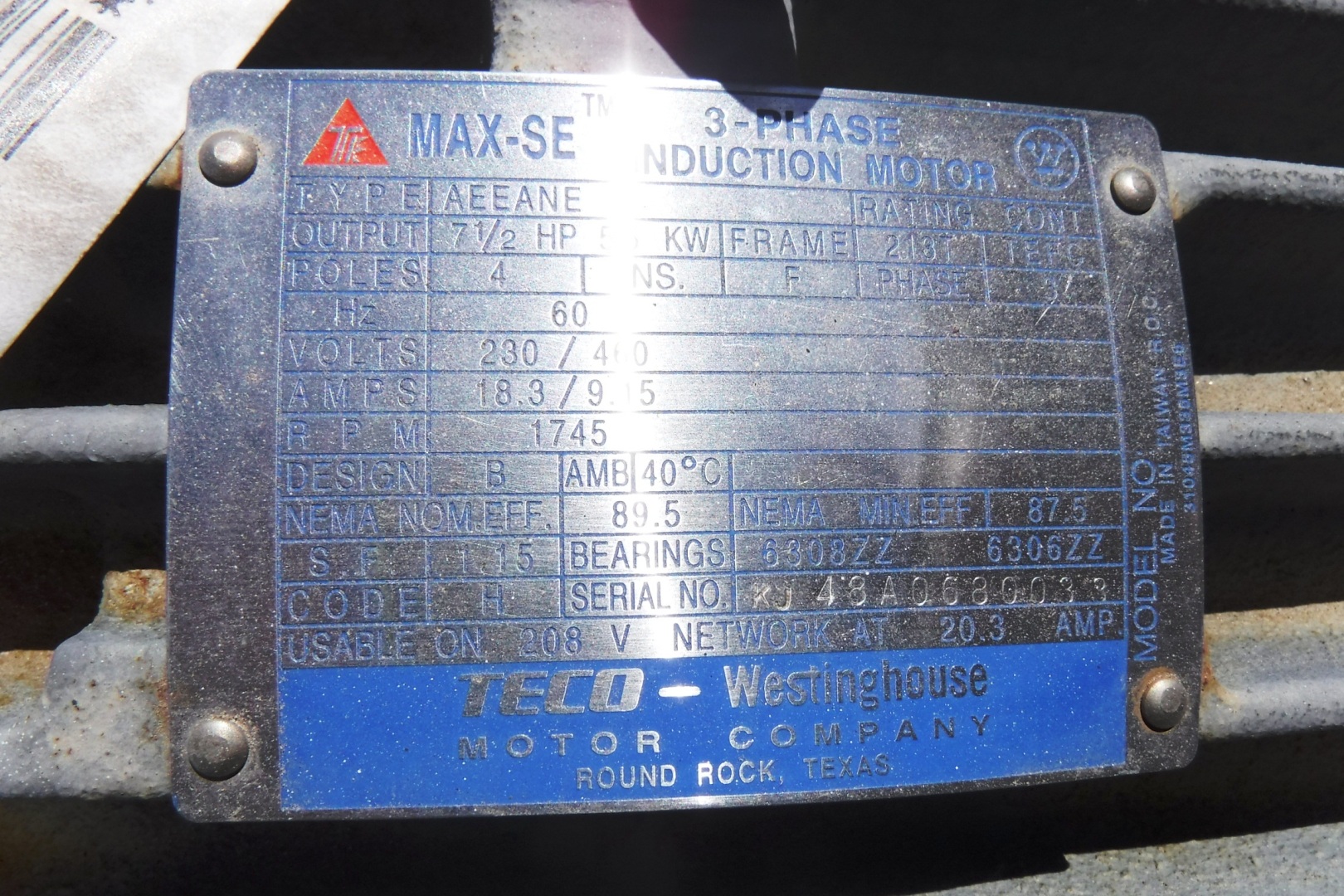 Teco Westinghouse 5 HP 1800 RPM 213T Squirrel Cage Motors H0416