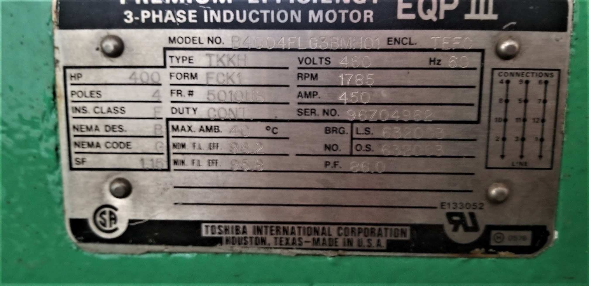 Toshiba 400 HP 1800 RPM 5010US Squirrel Cage Motors H0619