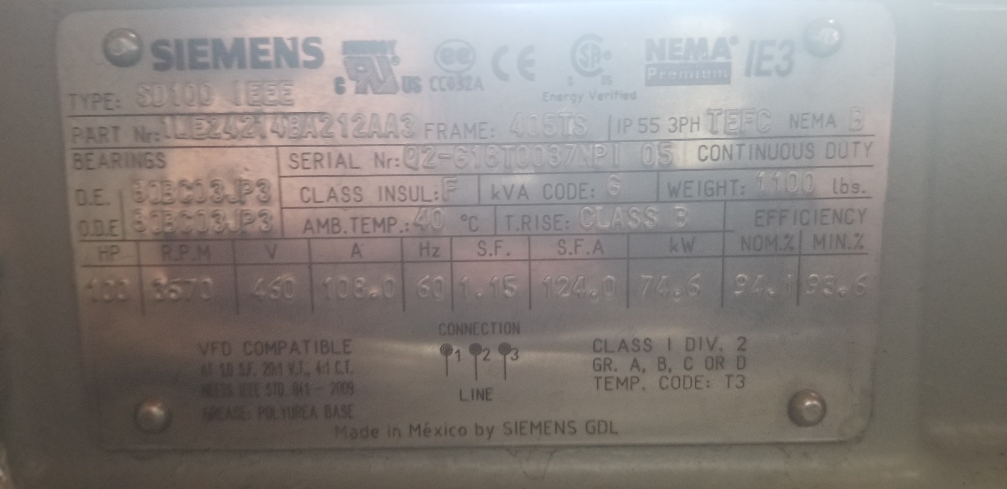 Siemens 100 HP 3600 RPM 405TS Squirrel Cage Motors H0639