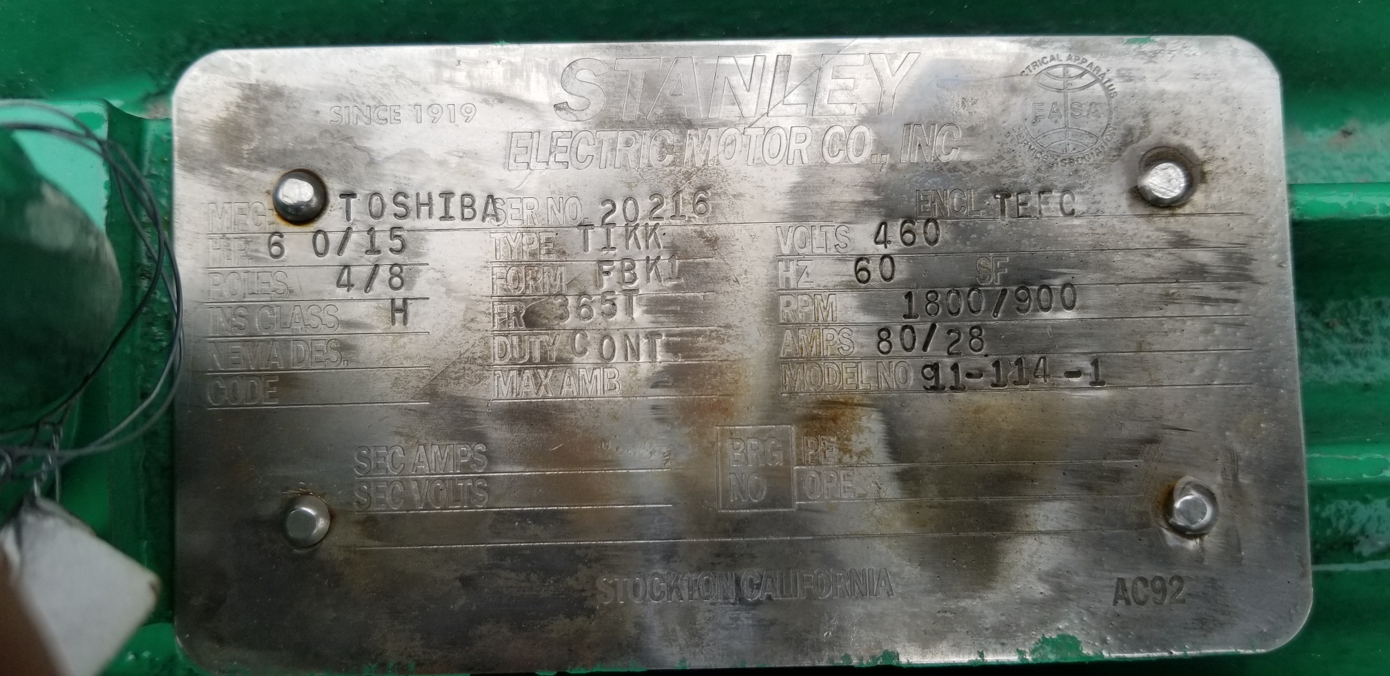 Toshiba 60 HP 1800 RPM 365T Multi Speed Motors H0651