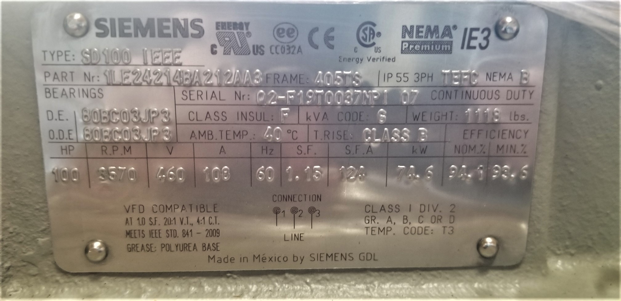 Siemens 100 HP 3600 RPM 405TS Squirrel Cage Motors H0706