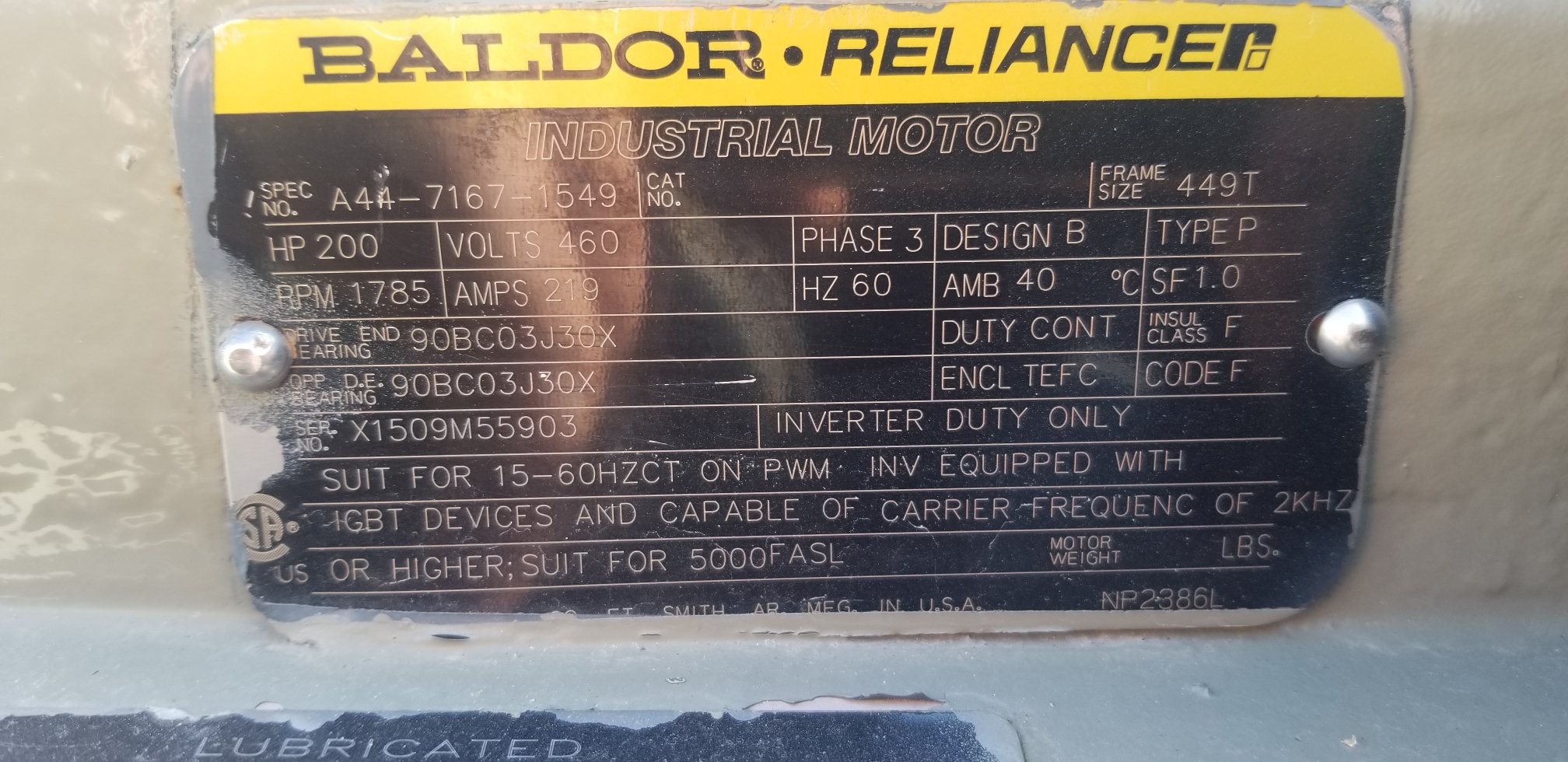 Baldor-Reliance 200 HP 1800 RPM 449T Squirrel Cage Motors H0719