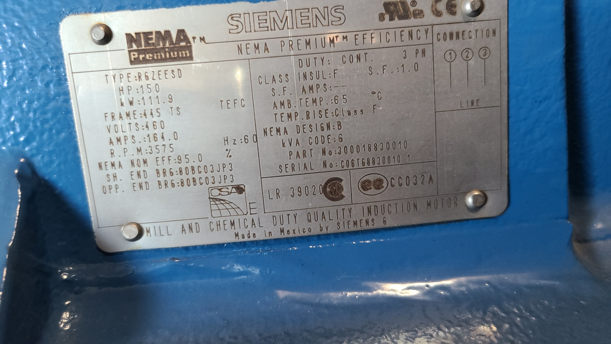 Siemens 150 HP 3600 RPM 445TS Squirrel Cage Motors H0743