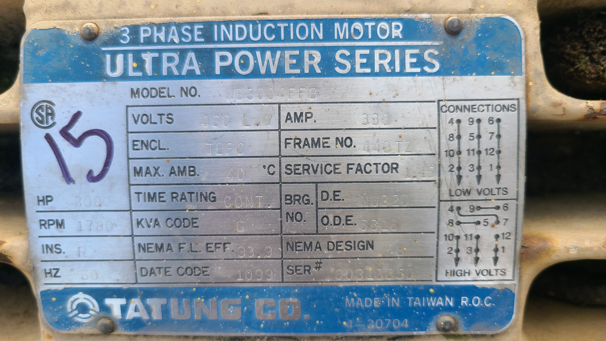 Tatung 300 HP 1800 RPM 449TZ Squirrel Cage Motors H0844