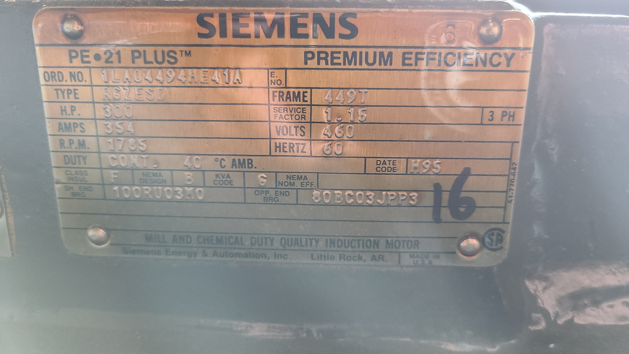 Siemens 300 HP 1800 RPM 449T Squirrel Cage Motors H0845