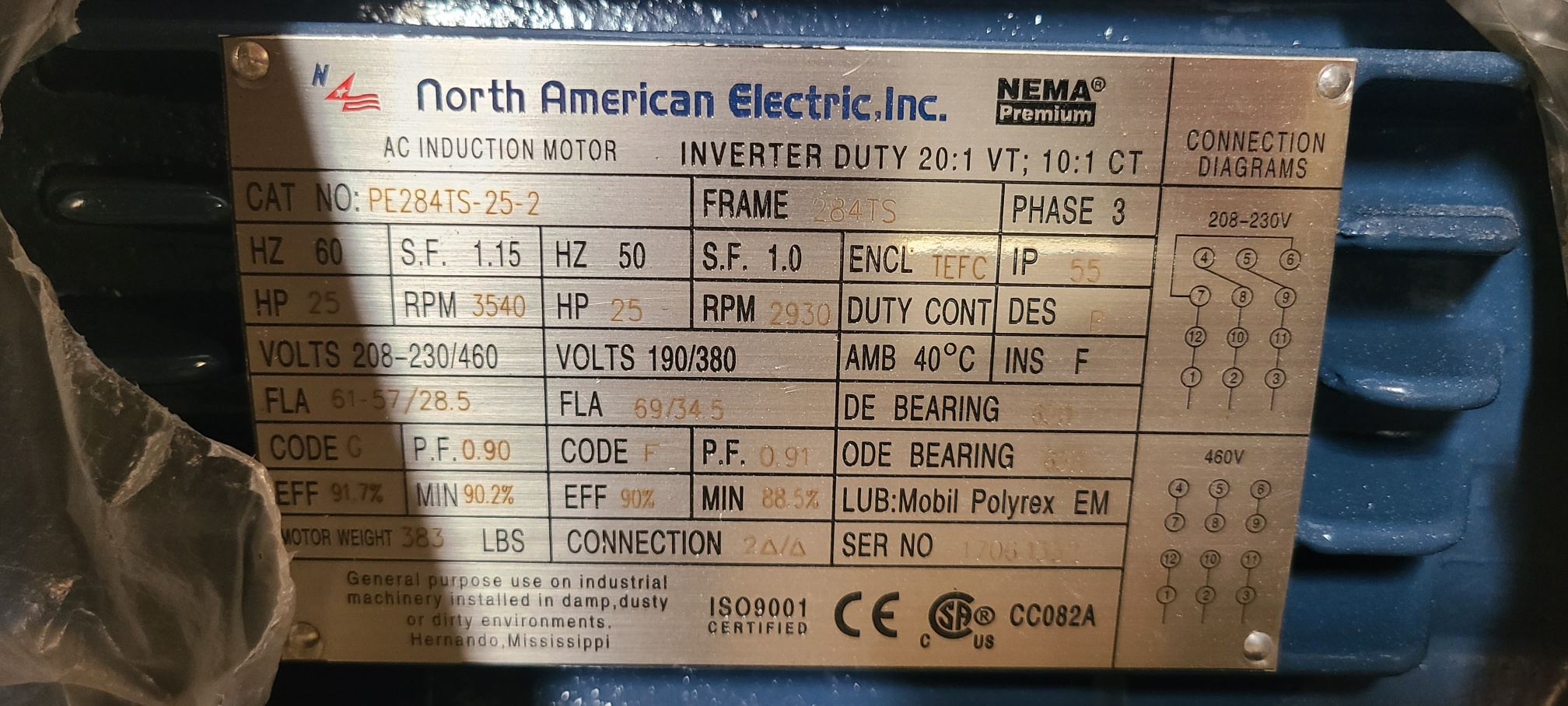 North American 25 HP 3600 RPM 284TS Squirrel Cage Motors H0888