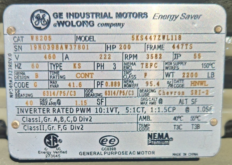 General Electric 200 HP 3600 RPM 447/9TS Squirrel Cage Motors H0891