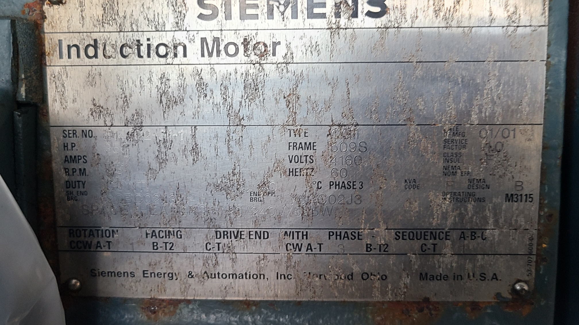 Siemens 350 HP 1200 RPM 509S Squirrel Cage Motors H0940