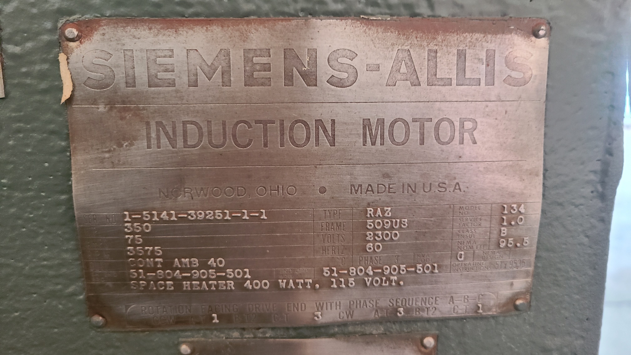 Siemens-Allis 350 HP 3600 RPM 509US Squirrel Cage Motors H0949