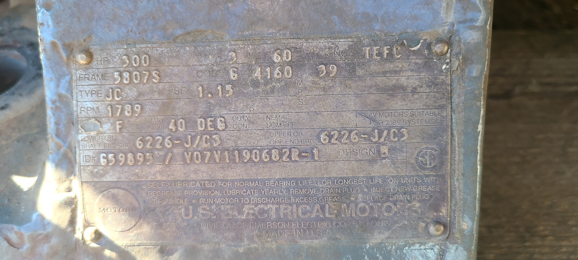 US Electric 300 HP 1800 RPM 5807S Squirrel Cage Motors H0971