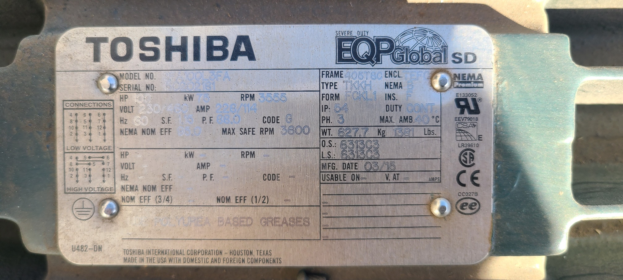 Toshiba 100 HP 3600 RPM 405TSC Squirrel Cage Motors H0973