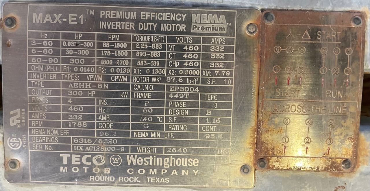 Teco Westinghouse 300 HP 1800 RPM 449T Squirrel Cage Motors H0997