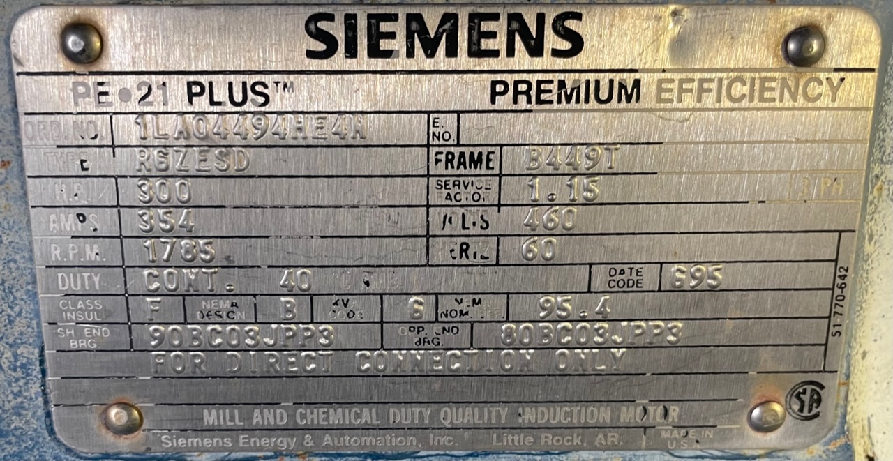 Siemens 300 HP 1800 RPM 449T Squirrel Cage Motors H1006