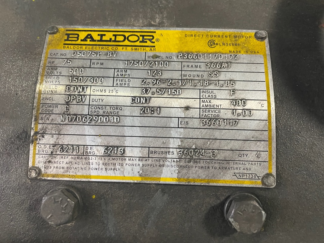 Baldor 75 HP 1750/2100 RPM 366AT DC Motors H1016