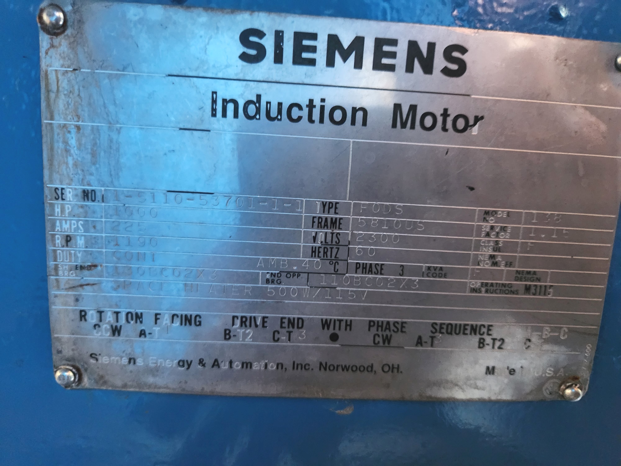 Siemens 1000 HP 1200 RPM 5810S Squirrel Cage Motors H1035
