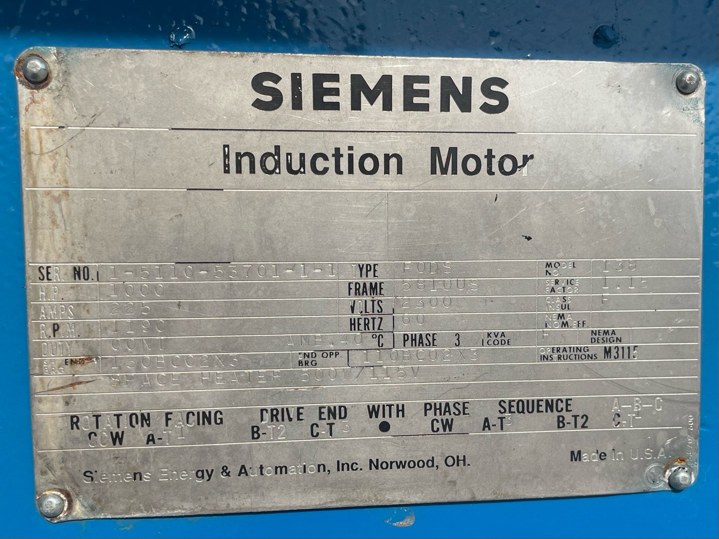 Siemens 1000 HP 1200 RPM 5810US Squirrel Cage Motors H1035