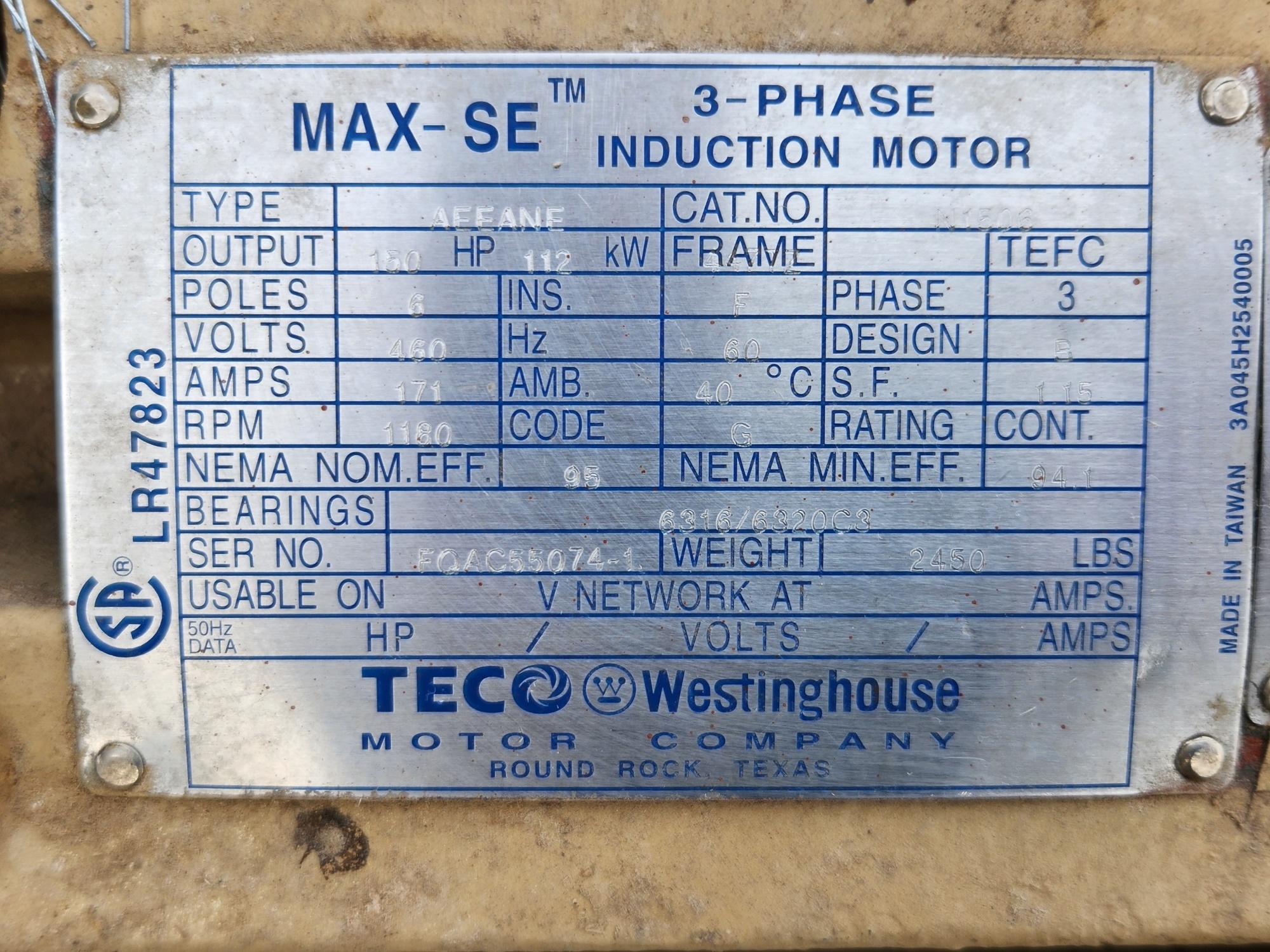 Teco Westinghouse 150 HP 1200 RPM 447T Squirrel Cage Motors H1038