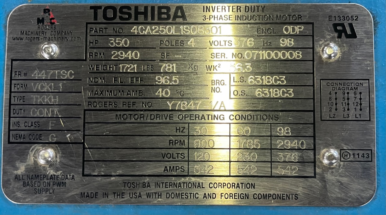 Toshiba 350 HP 1800 RPM 447TSC Squirrel Cage Motors H1044