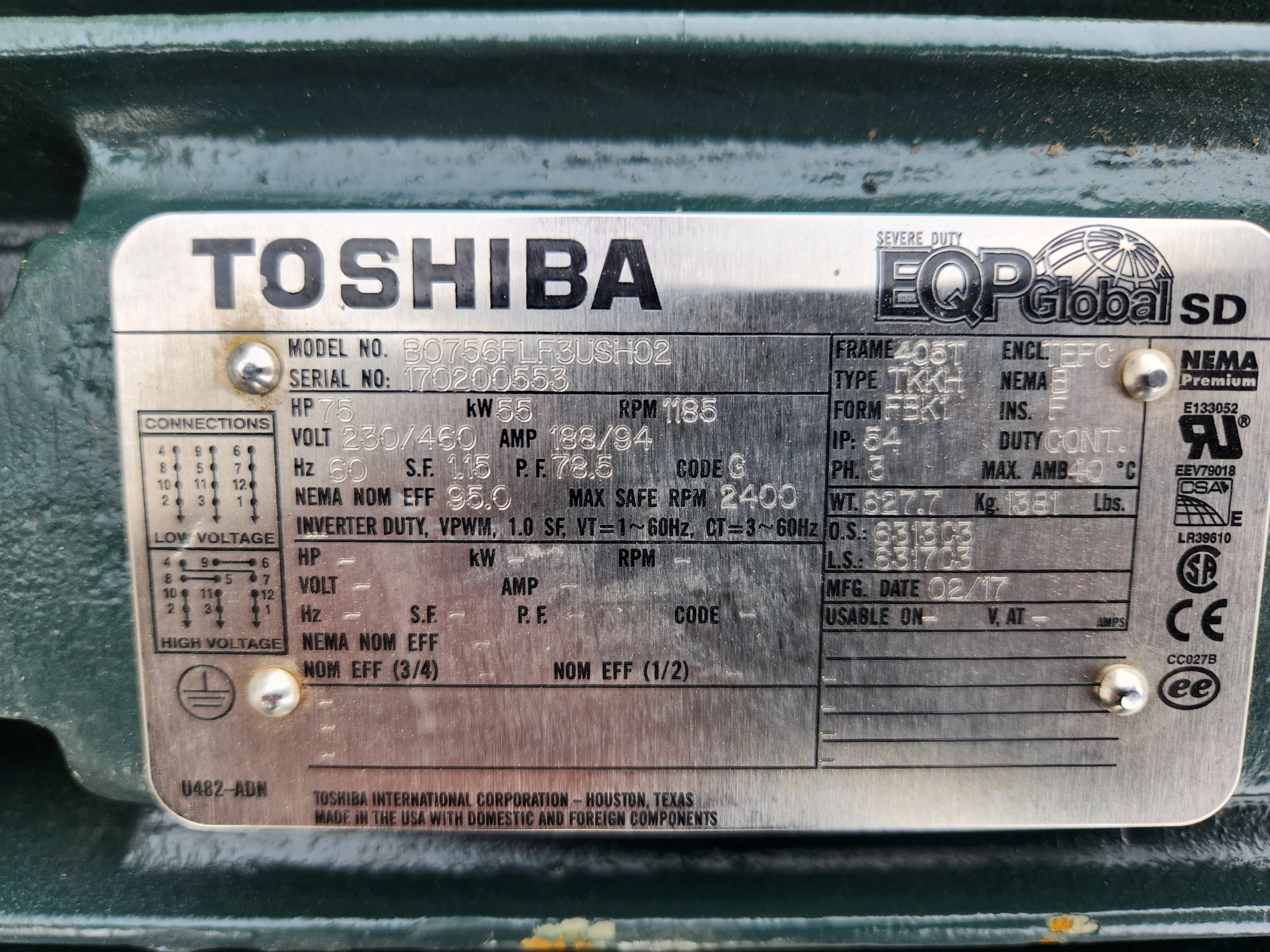 Toshiba 75 HP 1200 RPM 405T Squirrel Cage Motors H1048