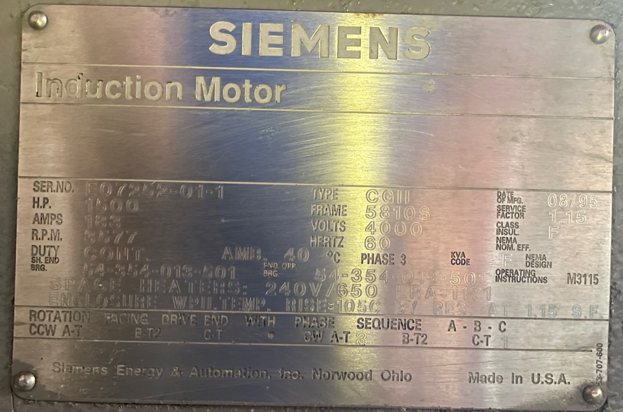 Siemens 1500 HP 3600 RPM 5810S Squirrel Cage Motors H1071