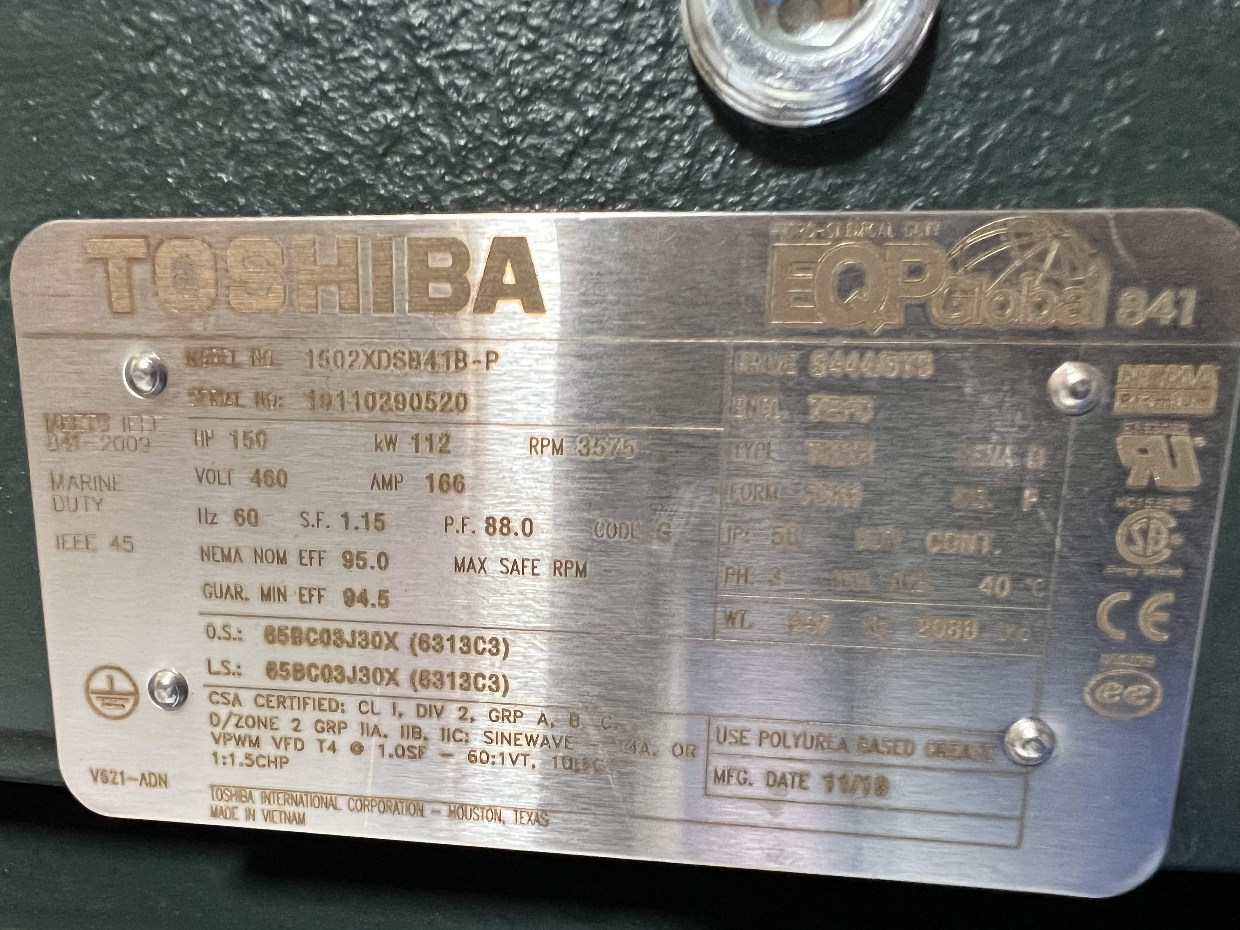 Toshiba 150 HP 3600 RPM 444/5TS Squirrel Cage Motors H1081