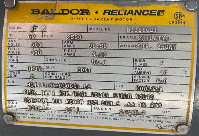 Baldor-Reliance 60 HP 2500 RPM 289ATYZ DC Motors H1088
