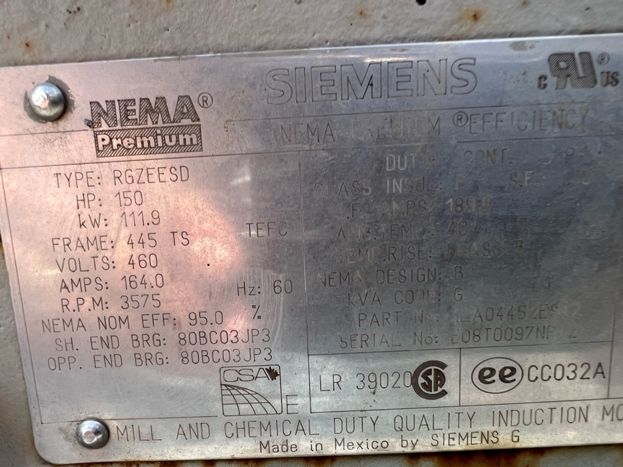 Siemens 150 HP 3600 RPM 445TS Squirrel Cage Motors H1099