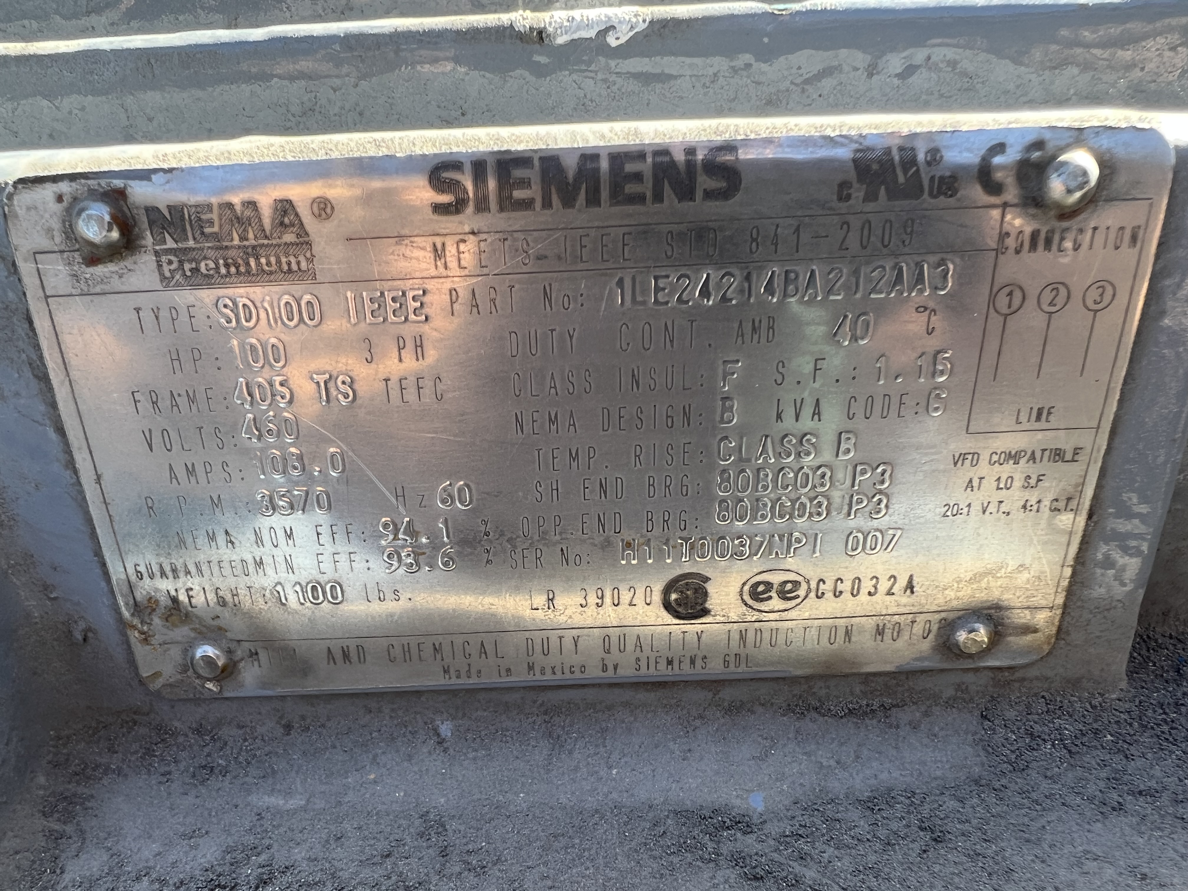 Siemens 100 HP 3600 RPM 405TS Squirrel Cage Motors H1117