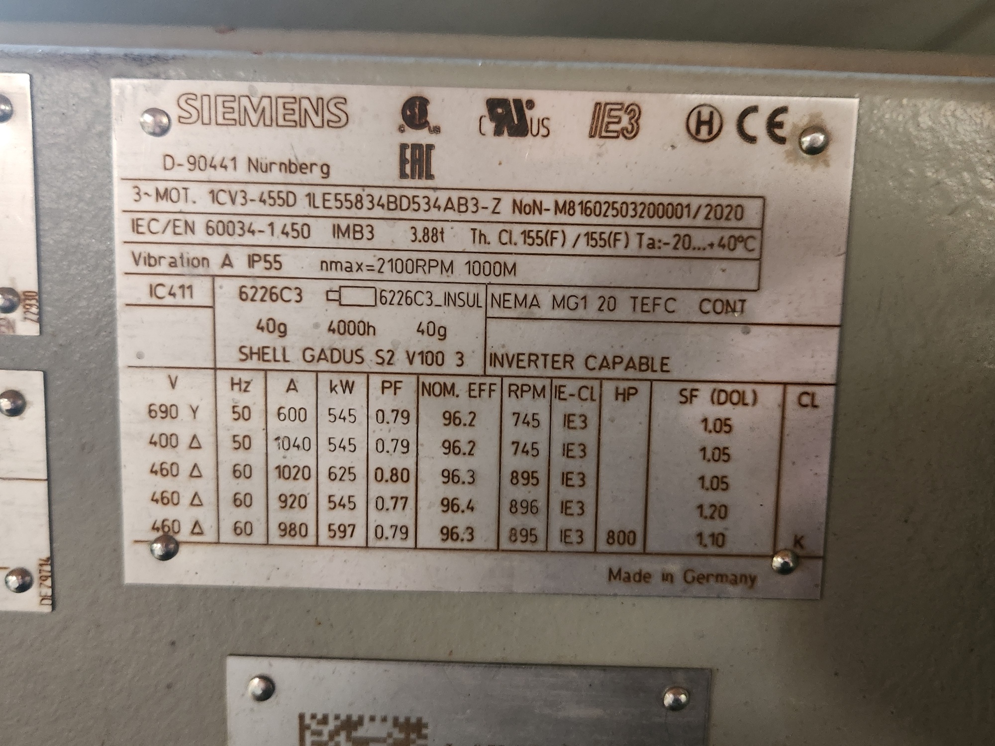 Siemens 800 HP 900 RPM 450 Squirrel Cage Motors H1156