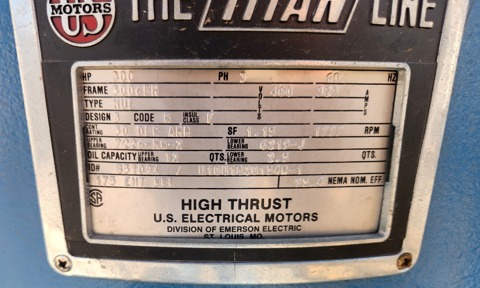 US Electric 300 HP 1777 RPM 5006PH Vertical Motors H1234