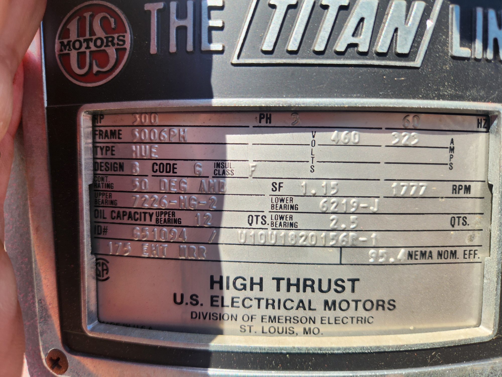 US Electric 300 HP 1777 RPM 5006PH Vertical Motors H1236