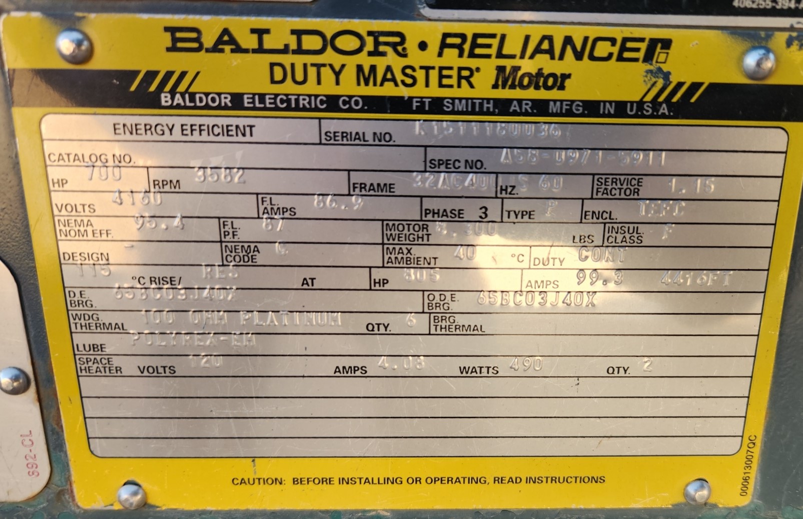 Baldor-Reliance 700 HP 3600 RPM 400JS Squirrel Cage Motors H1238