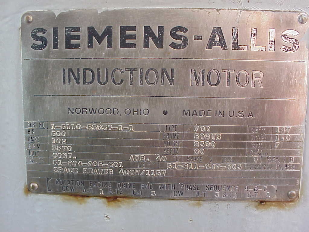 Siemens-Allis 500 HP 3600 RPM 509US Squirrel Cage Motors M8791