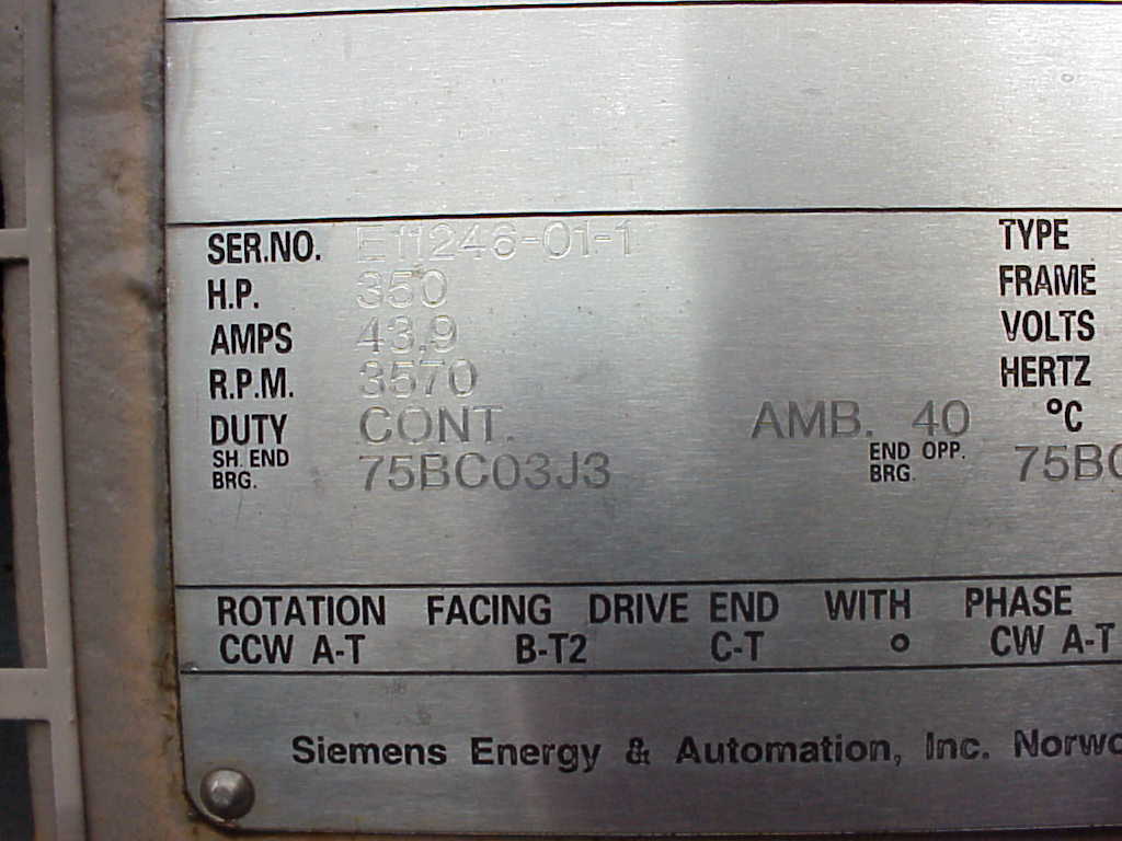 Siemens 350 HP 3600 RPM 507S Squirrel Cage Motors M9111