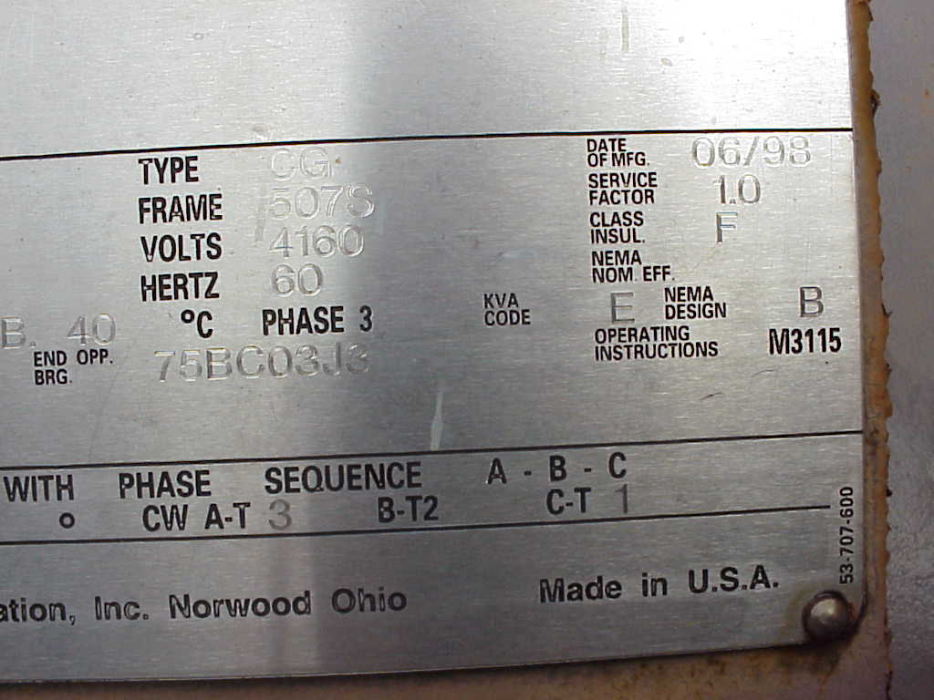 Siemens 350 HP 3600 RPM 507S Squirrel Cage Motors M9111