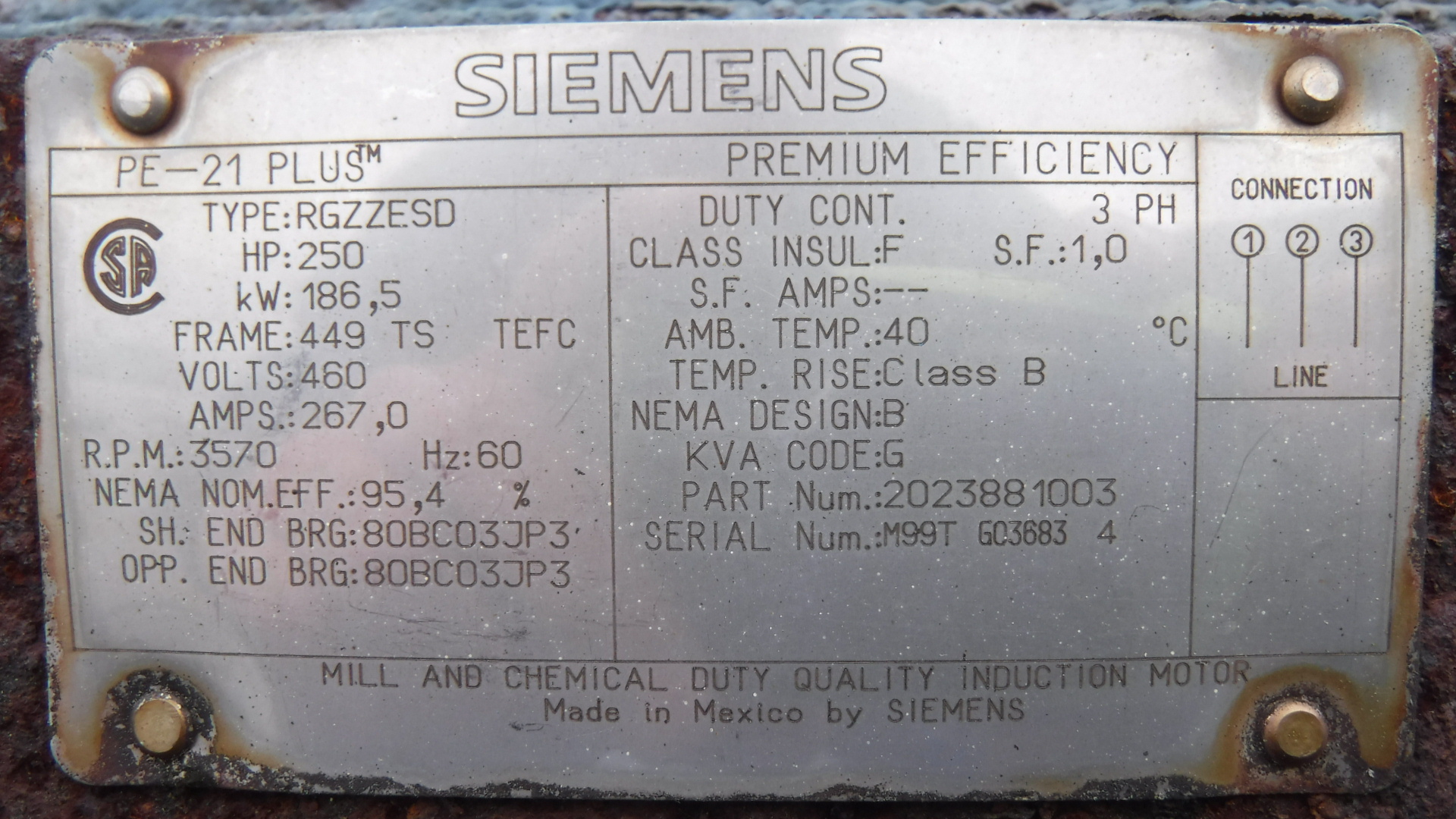 Siemens 250 HP 3600 RPM 449TS Squirrel Cage Motors M9116